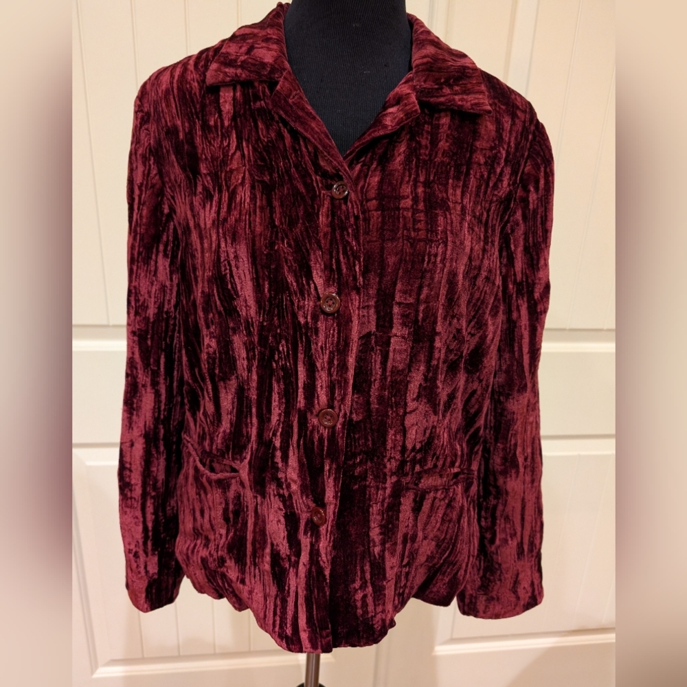 Cold Water Creek Velvet Button-Up Jacket - Burgundy